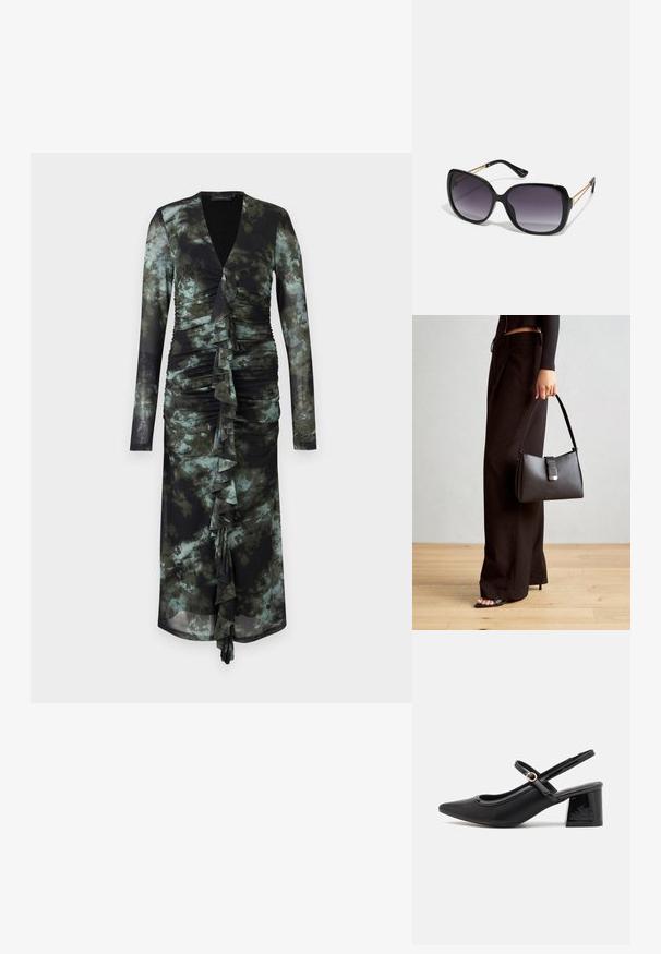 Hosszú ujjú ruha fekete és zöld batikmintával, mély V-kivágással, ráncolt anyaggal és fodros részletekkel, valamint testhez simuló szabással.; Fekete lakk bőr, pántos magassarkú cipő, hegyes orral, lekerekített kivágással és tömbsarkal. Arany színű csat díszíti.; Fekete, oversize napszemüveg fokozatos árnyalatú lencsékkel, vastag kerettel és arany színű lánc díszítéssel a szárakon.; Fekete kézi táska strukturált formával, sima textúrával és fémből készült záródással. Széles fekete nadrággal és nyitott orrú szandállal párosítva, fából készült padlón.