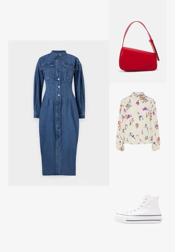 Τζιν φόρεμα με κλείσιμο μπροστά με κουμπιά, μακριά μανίκια, δύο τσέπες στο στήθος και δομημένη σιλουέτα σε μέτρια μπλε απόχρωση.; Λουλουδάτη μπλούζα με μακριά φουσκωτά μανίκια, σε απαλό κρέμ χρώμα, που διαθέτει μωβ, πορτοκαλί και πράσινα λουλουδάτα μοτίβα, καθώς και κλασικό σχέδιο γιακά.; Λευκό ψηλό καμβαδάκι αθλητικό παπούτσι με μαύρη καουτσούκ σόλα, πρόσθιο καουτσούκ καλύμματος δακτύλου και έξι οπές για κορδόνια, με μια καθαρή και μίνιμαλ σχεδίαση.; Κόκκινη δερμάτινη τσάντα χειρός με γωνιακό, γεωμετρικό σχέδιο. Διαθέτει έναν ρυθμιζόμενο ιμάντα και κλείσιμο με καπάκι που έχει ραφές.