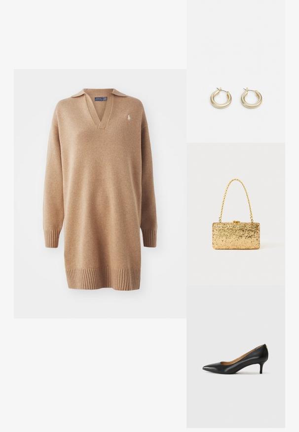 Bež pletena jopica z V-izrezom in polo ovratnikom. Ima rebraste manšete in rob. Vezen logotip na levem prsnem delu. Mehka tekstura.; Črne usnjene črpalke s koničastim nosom, nizko peto in gladko teksturo. Imajo rahlo odprtino spredaj in minimalno opremo zadaj.; Zlata torbica s pomičnim šalom v pravokotni obliki, z zasukano verižico in kovinskim zapiranjem, ki odseva svetlobo z teksturirano površino.; Lauren Ralph Lauren BASIC SMALL HOOP - Uhani - gold-coloured
