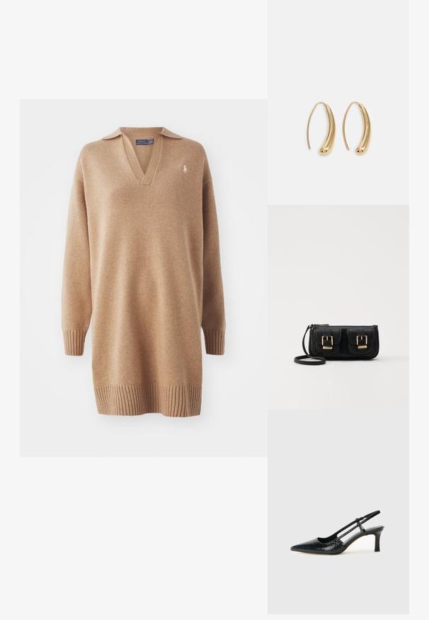 Beige adīts džemperis ar V-veida kakla izgriezumu un polo apkakli. Iekļautas ribotas aproces un apakšmalas. Izšūts logo uz kreisā krūts. Mīksta tekstūra.; Melna patent āda ar slīdošo papēdi un smailo purngalu, ar teksturētu čūsku drukājumu, regulējamu siksniņu un īsu teksturētu blokpapēdi.; Melnas ādas crossbody soma ar divām priekšējām kabatām, zelta sprādzēm, ar rāvējslēdzēju aizdari un šauru siksnu. Strukturēta virsma un kompakta taisnstūra forma.; Zelta toņu metāla gredzena auskari ar izliektu, pagarinātu formu. Ar gludu, spīdīgu virsma un noapaļotu galu papildu detaļām.