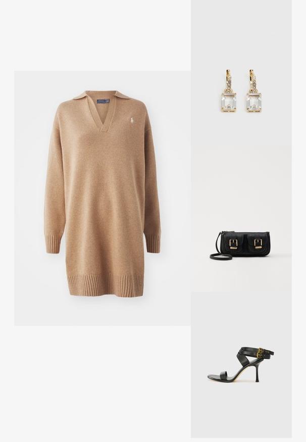 Bežinis megztinis su V formos iškirpte ir polo tipo apykakle. Savybės: riebūs rankogaliai ir apačia. Siuvinėtas logotipas kairėje krūtinės pusėje. Minkšta tekstūra.; Juodi kulniškų sandalai su kryžminėmis juostelėmis ir reguliuojamu sagtimi. Ypatybė – lygus paviršius ir siauras smailas kulnas.; Juodas odinis per petį nešiojamas krepšys su dviem priekiniais kišenėmis, auksiniais sagtimis, užtrauktuko uždarymu ir siauromis petnešomis. Textūruota paviršius ir kompaktiškas stačiakampis formatas.; Auksinės spalvos auskarai, kuriuose yra stačiakampis, skaidrus kristalas, kabantis po eile mažų, apvalių skaidrių akcentų. Šiuolaikiškas, modernus dizainas.