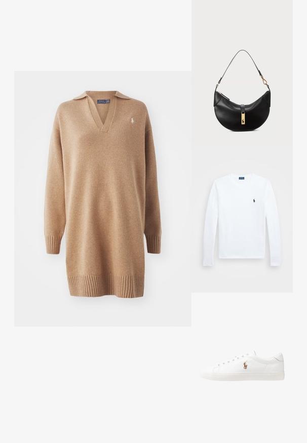 Beżowy sweter dzianinowy z dekoltem w kształcie V i kołnierzykiem polo. Posiada prążkowane mankiety i dół. Wyhaftowane logo na lewej piersi. Miękka tekstura.; Biała koszula z długim rękawem, wykonana z bawełny, okrągły dekolt, z małym granatowym logo na lewej piersi. Prosty wzór, standardowy krój.; Białe skórzane sneakersy, niskoprofilowy design, charakteryzujące się gładką fakturą, okrągłym noskiem, sznurowanym przodem i małym haftowanym logo z boku.; Czarna skórzana torebka w kształcie półksiężyca. Ma złote akcenty i wąski pasek. Gładka tekstura, zamek błyskawiczny na górze.
