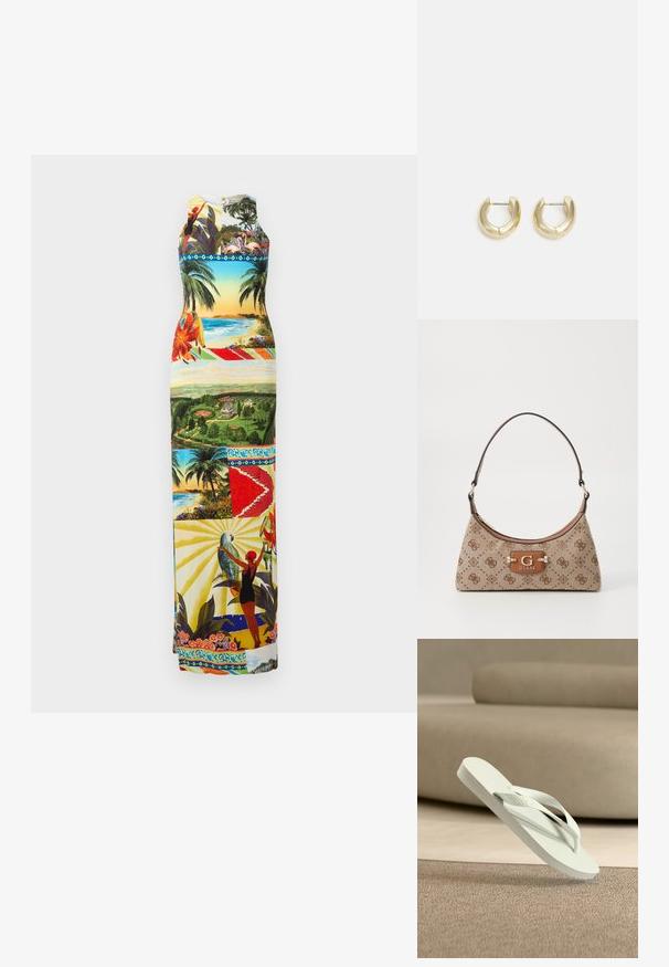 Maxime dress featuring a vibrant graphic print of tropical landscapes, birds, and flowers; sleeveless design with a round neckline, multicolored.; Vaaleanvihreä kuminen varvassandaali, jossa on teksturoitu pohjallinen ja ohuet remmit, kohotettuna pehmeän, neutraalin sävyisen taustan yläpuolella.; Kangaskassi beige-värissä ruskeilla kuvioiduilla yksityiskohdilla. Ominaisuuksiin kuuluu kaareva muoto, yksi kantohihna ja edessä oleva logo-plaatti hopeisilla yksityiskohdilla.; Kulta sävyiset renkaat, joissa on sileä ja kiillotettu pinta. Ominaisuuksia ovat puolikuun muoto ja turvallinen painike suljenta.