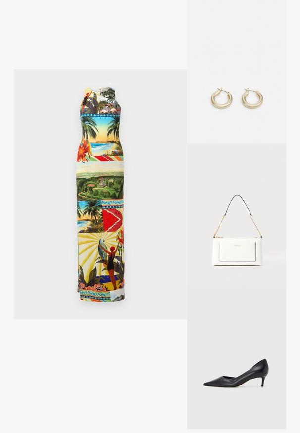 Maxime dress featuring a vibrant graphic print of tropical landscapes, birds, and flowers; sleeveless design with a round neckline, multicolored.; Musta nahkainen avokärkinen korkokenkä, jossa on matala korko. Kenkä on sileäpintainen ja siinä on himmeä kiilto. Edessä on avoin leikkaus, joka lisää yksityiskohtaisuutta.; Valkoinen nahkalaukku tekstuuripinnalla, jossa on kultaketjuolkaimet ja mustia yksityiskohtia. Mukana etutasku ja vetoketjusulku.; Lauren Ralph Lauren BASIC SMALL HOOP - Korvakorut - gold-coloured