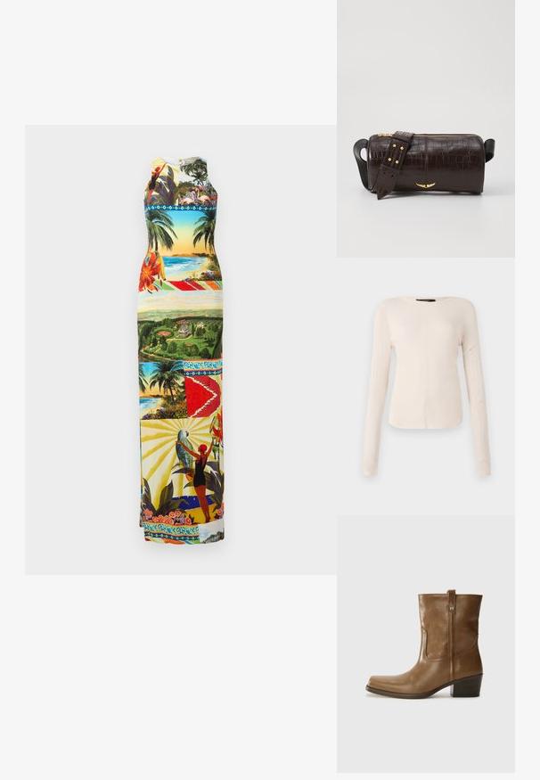 Maxi haljina s živopisnim grafičkim uzorkom tropskih krajolika, ptica i cvijeća; bez rukava, s okruglim izrezom, višebojna.; Dugih rukava, svijetlo bež majica s okruglim izrezom. Izrađena od mekanog materijala, ima središnji šav i blago zakrivljen rub. Nema vidljivih metalnih dijelova.; Smeđa kožna cipela do gležnja sa četvrtastim vrhom, teksturiranim finišem i niskim složenim potpeticom. Ima stražnju petlju za navlačenje i suptilne detalje šivanja.; Smeđa torba od kože s embosiranim krokodilskim uzorkom, cilindričnog oblika, zlatne hardverske detalje i odvojivu naramenicu sa čavlima.