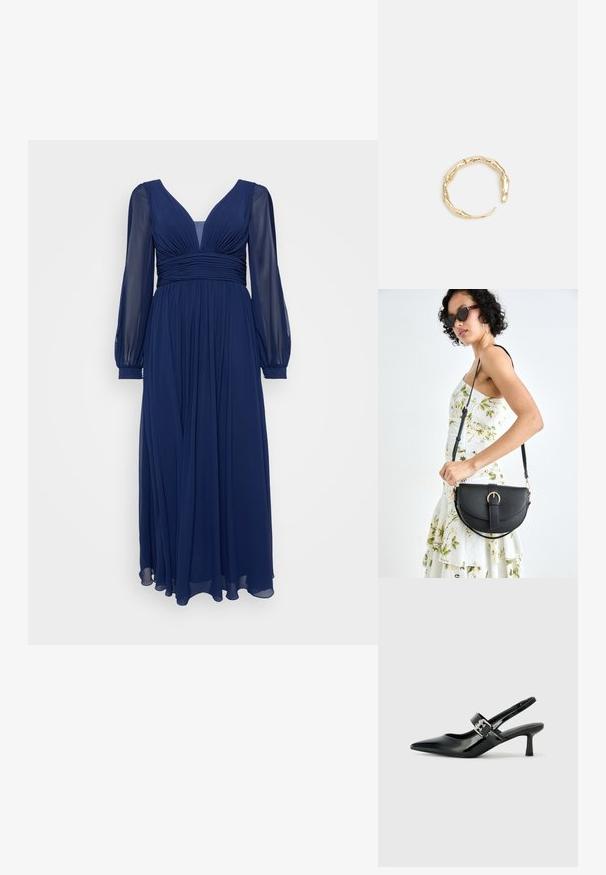 Navyblaues langärmeliges Kleid aus leichtem Stoff mit V-Ausschnitt, gerafftem Oberteil und fließendem Rock mit Falten, der eine weiche Textur bietet.; Schwarze Lackleder Slingback-Absätze mit spitzem Zeh und kleinem Blockabsatz, ausgestattet mit einem silbernen Schnallenakzent am Riemen.; Schwarze Lederhandtasche mit geschwungener Form, abnehmbarem Tragegurt und goldenen Beschlägen. Die Tasche verfügt über einen Deckel mit einer Schnallen-Details.; Goldfarbener Ring mit einem organischen, gedrehten Design, glatter Oberfläche und sich verjüngenden Enden, was ein modernes, skulpturales Erscheinungsbild erzeugt.