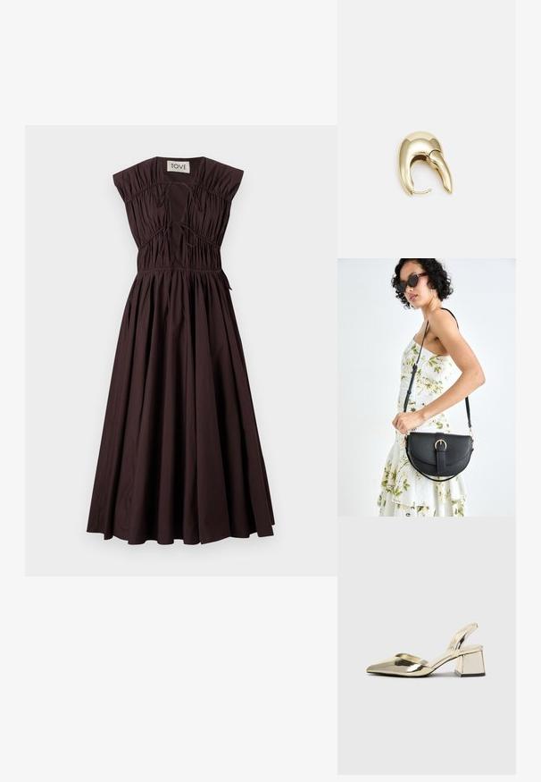 Rjavo brezrokavno obleko z nabranim bodicem in podrobnostmi na zavezovanje, razširjenim krilom, izdelano iz bombaža, gladke teksture, minimalističnega dizajna.; Zlati, kovinski slingback čeveljci z ostrim nosom in masivnim peto. Gladka tekstura, minimalistična zasnova in ozka zanka.; Črna usnjena torbica s ukrivljeno obliko, z odstranljivo naramnico in zlatimi dodatki. Torbica ima pokrov s podrobnostmi v obliki zaponke.; Uhane nakit iz zlatastega tona z gladko, ukrivljeno zasnovo. Ima edinstveno koničasto obliko, polirano površino in zaponko s tečajem.