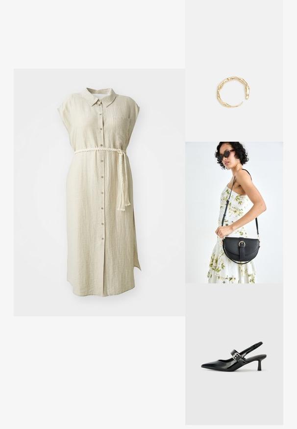 Bežs linu kleita ar apkakli, priekšējiem pogām, īsām piedurknēm un sapītiem baltiem jostām ar pomponiem jostasvietā.; Melnas lakotas ādas sūkņa kurpes ar norādītu purngali un mazu bloku papēdi, ar sudraba sprādzi akcentā uz jostas.; Melnas ādas rokassoma ar izliekta formu, noņemamu siksnu un zelta aksesuāriem. Somai ir vāciņš ar sprādzes detaļu.; Zelta toņa gredzens ar organisku, vērptu dizainu, gludu virsmu un sašaurinātiem galiem, radot mūsdienīgu, skulpturālu izskatu.