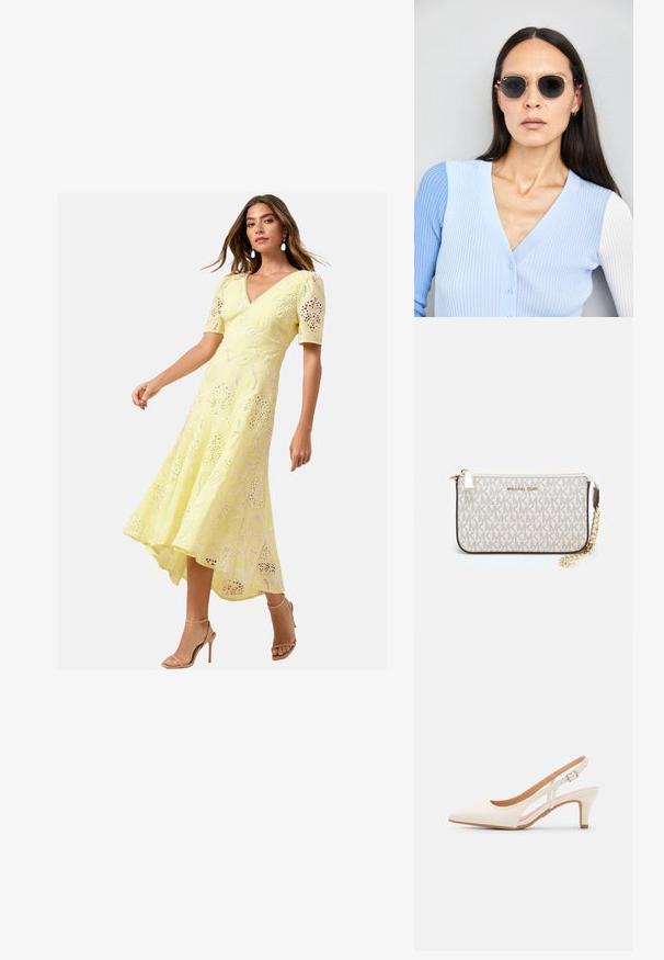 Rumena čipkasta midi obleka s kratkimi rokavi, V-izrezom in visokim-nizkim robom. Ima zapleteno izrezljane vzorce in tekoč kroj.; Bela slingback peta z ostrim nosom, gladka zgornja prevleka, nizka blok peta in zasnova z stranskimi izrezi ter nastavljivim trakom z zaponko.; Okrogle sončna očala s temnimi lečami in zlatimi okvirji. Model nosi svetlo modro, rebrasto jakno s gumbi in belimi rokavi v kontrastni barvi.; Michael Kors denarnica v bež lakiranem platnu z mišičnim vzorcem ponavljajočega se logotipa MK, z zlatim okovjem in snemljivo verižico.