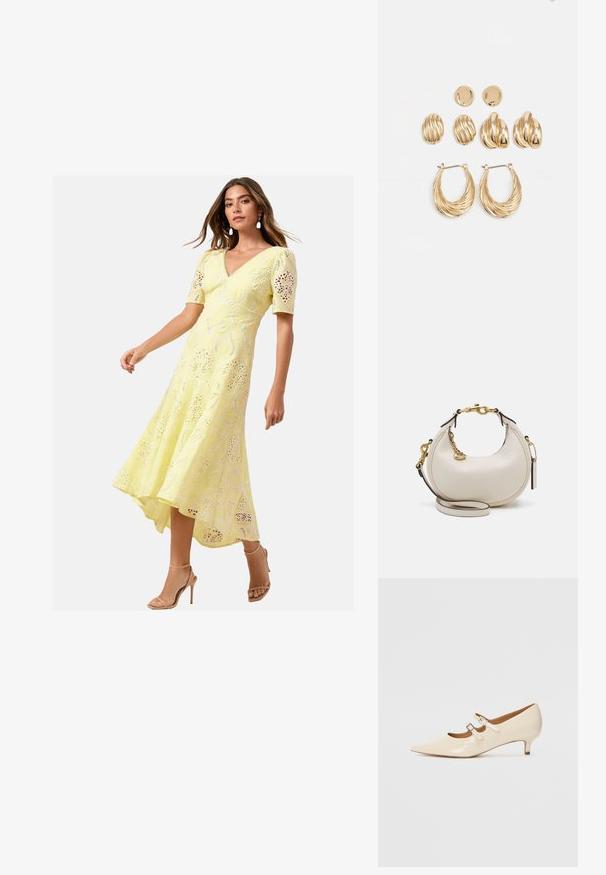 Geel kanten midi-jurk met korte mouwen, V-hals en een hoge-lage zoom. Bevat ingewikkelde uitsnijdingen en heeft een vloeiende pasvorm.; Beige gepatineerde leren Mary Jane-schoenen met twee verstelbare gespen, spitse neus en een lage hak. Gladde textuur met een glanzende afwerking.; Crème leren handtas met een halve maan vorm, gouden hardware, zwarte accenten en een afneembare schouderband. Heeft een kettingdetail en label.; Goudkleurige oorbellen set met drie paar: textuur ovalen studs, golvende ontwerp studs en grote ring oorbellen met gelaagde ribbels.