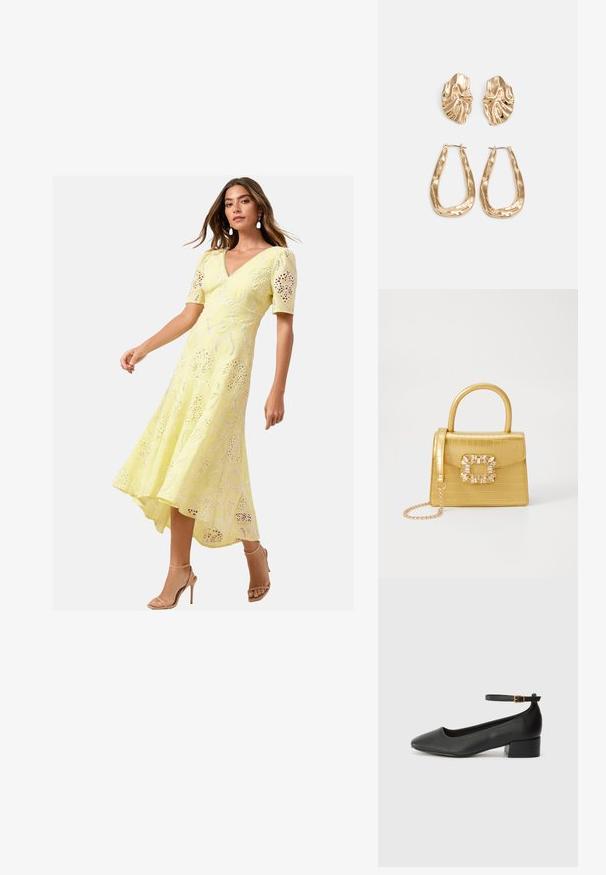 Geltona nėrinių midi suknelė trumpomis rankovėmis, V formos iškirpte ir aukštesne priekyje, žemesne gale. Pasižymi sudėtingais išpjovimų raštais ir plazdančia siluetu.; Juodas odinis aukštakulnis batelis su smailiu pirštu ir žemu bloku. Su kulkšnies dirželiu su auksinės spalvos sagtimi. Lygus paviršius.; Geltonas dirbtinės krokodilo odos rankinukas su standžiu dizainu, viršutine rankena, nuimamu grandininiu dirželiu ir dekoratyviniu krištolo papuošimu ant užsegimo.; Auksinės auskarai, turintys tekstūruotus, bangų formos elementus. Įeina skulptūriniai segami auskarai ir atviri lankai su išmuštu paviršiumi.