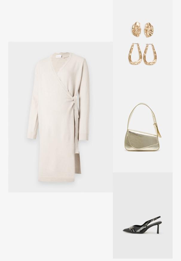 Bež obleka z ovitkom iz mehkega blaga, z valovitim izrezom, dolgimi rokavi in stranskim vezanjem. Dolga dolžina z rebrastimi manšetami.; Črne patentne usnjene sandale s koničastim nosom, zankami okoli gležnja s srebrnimi sponkami in opremo ter vitkimi petami.; Zlata metalna torbica z urejenim dizajnom, gladko teksturo in nastavljivim trakom. Ima edinstveno trikotno obliko in minimalistično šivanje.; Zlato obarvani uhani z teksturiranimi, valovitimi oblikami. Vključujejo skulpturalne sponke za ušesa in odprto obliko obročka s kladivastim finišem.