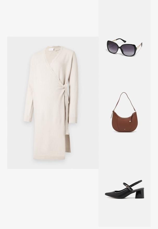 Bež obleka z ovitkom iz mehkega blaga, z valovitim izrezom, dolgimi rokavi in stranskim vezanjem. Dolga dolžina z rebrastimi manšetami.; Črne patentne usnjene salonarce s slingback obliko, s koničastim nosom, zaobljenim izrezom in blok peto. Imajo zlato kovinsko zaponko kot dodatno okrasje.; Črne prevelike sončne očala z degradacijskimi lečami, debelimi okvirji in zlatimi verižicami na ročajih.; Rjava usnjena torbica z ramenskim ročajem, ukrivljene oblike, minimalnim šivom in zlato-tonirano kovinsko dekoracijo. Ima zgornje zapiranje na zadrgo in nastavljiv trak.