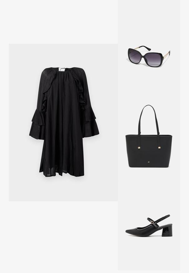 Crna haljina s dugim volanastim rukavima, okruglim izrezom i slobodnim krojem. Izrađena je od lagane tkanine s blagim sjajem i tekućom teksturom.; Crne lakirane slingback visoke potpetice s šiljastim vrhom, zaobljenim izrezom i blok potpeticom. Sadrži akcent zlatnog tona s kopčom.; Crne prevelike sunčane naočale s gradijentnim lećama, debelim okvirom i zlatnim lancem kao detaljem na krakovima.; Crna torba od sintetičkog materijala, s jednostavnim pravokutnim dizajnom, zlatnim kvadratnim detaljima i dvostrukim ručkama.