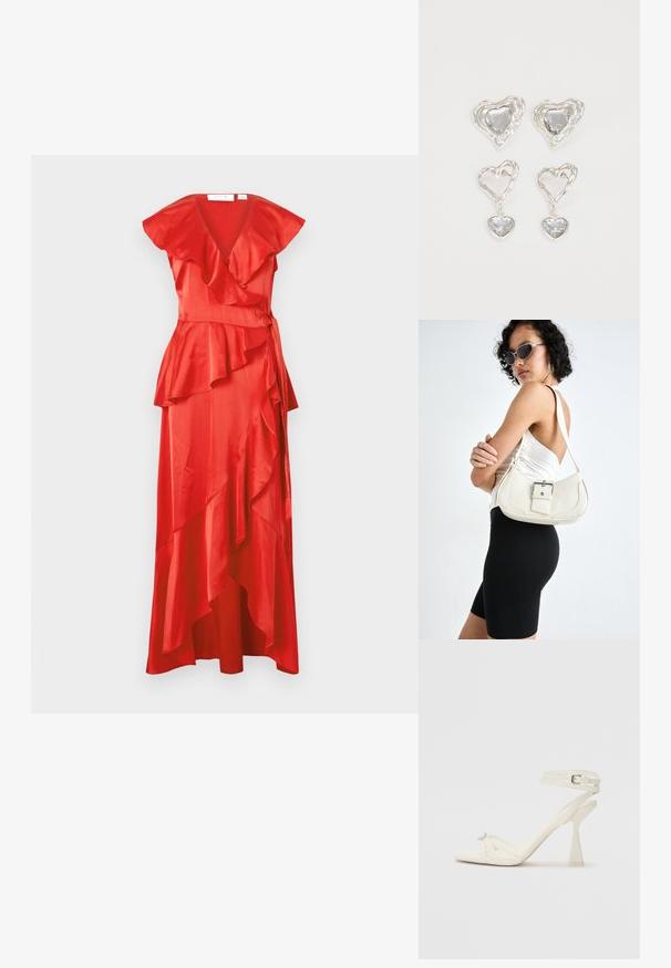 Rochie din saten roșu, cu decolteu în V și mâneci flutură, cu volane stratificate care se desprind pe fusta rochiei. Detaliu cu fundă la talie.; Sandalele cu toc înalt, cu bretele, din piele albă, cu un design elegant, toc transparent și un element decorativ la vârf.; Geantă de piele albă cu o formă curbată, curea reglabilă și un detaliu mic cu cataramă. Modelul poartă o ținută neagră ajustată.; Cerceii în formă de inimă argintie sunt decorați cu pietre clare fațetate, având un cadru texturat. Setul include stiluri cu buton și cu pandantiv.