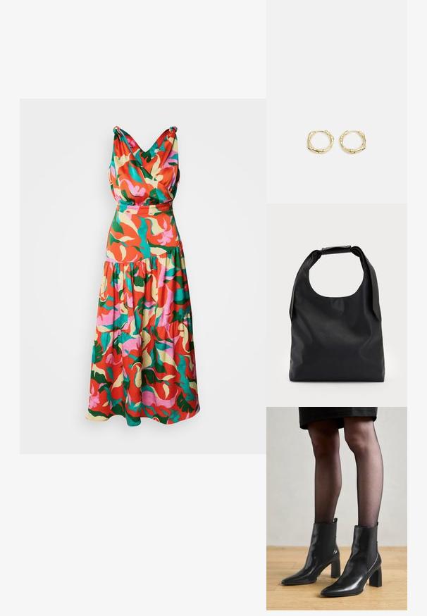 Robe florale multicolore aux teintes de rouge, rose, vert et jaune, avec un buste drapé en V et une jupe à volants.; Bottines en cuir noir avec un bout pointu, un talon carré épais et un design élégant. Présente des panneaux latéraux élastiques pour un enfilage facile.; Sac hobo en cuir noir avec une seule poignée ronde et douce ; présente une texture lisse et un design minimaliste. Pas de matériel ou d'accents visibles.; Boucles d'oreilles en or en forme de cerceau avec une texture et une forme irrégulière. Présentent une fermeture sans couture et une finition polie, soulignant un design moderne.