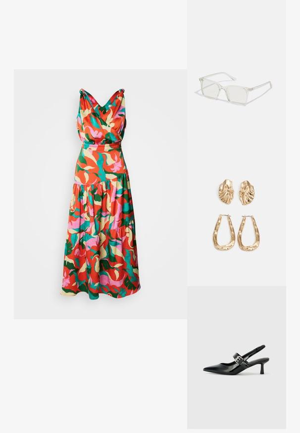 Rochie florală multicoloră în nuanțe de roșu, roz, verde și galben, cu un decolteu în V drapat și fustă în straturi.; Sandale cu toc din piele patent neagră, cu vârful ascuțit și un toc mic bloc, având un accent cu cataramă argintie pe curea.; Ochelari de vedere cu rame pătrate din plastic transparent, dotate cu lentile translucide și accente aurii pe temple pentru un detaliu suplimentar.; Cercei aurii cu forme texturate și ondulate. Include studs sculpturale cu clip și un design de cerc deschis cu un finisaj cioplit.