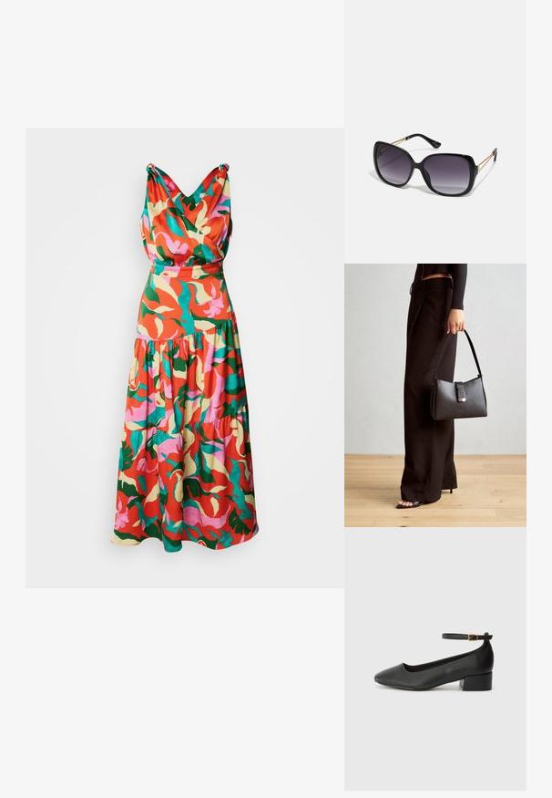 Abito floreale multicolore in tonalità di rosso, rosa, verde e giallo, con un corpetto drappeggiato a V e una gonna a strati.; Pump in pelle nera con punta affusolata e tacco basso a blocco. Presenta una cinghia alla caviglia con una fibbia in tonalità oro. Texture liscia.; Occhiali da sole neri oversize con lenti sfumate, montatura spessa e dettagli in catena dorata sulle astine.; Borsa nera con forma strutturata, texture liscia e una chiusura metallica. Abbinata a pantaloni neri larghi e sandali open-toe su un pavimento in legno.
