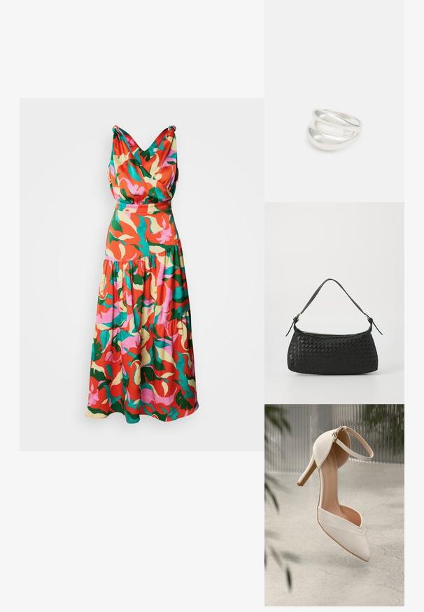 Monivärinen kukkamekko punaisen, vaaleanpunaisen, vihreän ja keltaisen sävyissä, jossa on laskostettu V-kaula-aukkoinen yläosa ja kerroksellinen hame.; Valkoinen korkokenkä sileästä materiaalista, jossa on terävä kärki ja nilkkahihna. Sisäosa on vaaleanruskea, ja siinä on kultasävyinen koriste.; Mustan kudotun olkalaukun, jossa on sileä nahkahihna ja vetoketjukiinnitys. Mahdollistaa teksturoituneen pinnan ja kaarevan muodon.; Hopeinen kaksinkertainen rengas, jossa on sileä, kiillotettu pinta. Siinä on sulava, kaareva muotoilu, jossa on päällekkäisiä osia modernin ilmeen saavuttamiseksi.