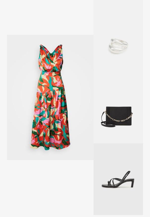 Krakās ziedu kleita sarkanos, rozā, zaļos un dzeltenos toņos, ar plīvurotu V-veida dekoltē un daudzslāņu svārkiem.; Melnas strappy sandales ar kvadrātveida purngaliem un zemu bloku papēdi. Ievērojamas ar vairākiem plāniem siksniņām un regulējamu potītes siksniņu. Izgatavotas no gludas ādas.; Melna ādas crossbody soma ar gludu faktūru, taisnstūrveida formu un metalizētu ķēdes detaļu priekšā. Iekļauta regulējama siksna.; Sudraba divu joslu gredzens ar gludu, pulētu virsmu. Iezīmējas ar plūstošu, izliekta dizaina struktūru ar pārklājošām sekcijām modernam izskatam.