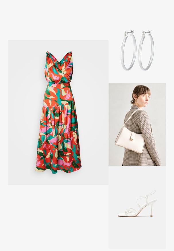 Krakās ziedu kleita sarkanos, rozā, zaļos un dzeltenos toņos, ar plīvurotu V-veida dekoltē un daudzslāņu svārkiem.; Baltas striķu augstpapēžu sandales ar plakanu pirkstu daļu, teksturētu priekšpusi ar saveltiem akcentiem un šauru potītes siksniņu.; Balta ādas rokassoma ar strukturētu dizainu, kurai ir magnētiska aizdare un plecu josta, parādīta uz neitrāla fona.; Sudraba riņķveida auss gredzeni ar gludu, pulētu apdari. Apaļa forma un drošs klikšķa augšējais slēgums. Viegls dizains, kas piemērots ikdienas valkāšanai.