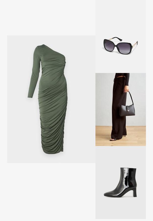 Vestido verde-oliva de mangas longas com design de um ombro só, apresentando detalhes franzidos ao longo da frente e do lado para textura e contorno.; Botim de tornozelo em pele sintética preta com bico apontado e salto bloco de altura média. Textura suave e design minimalista.; Óculos de sol oversized pretos com lentes degradê, armações grossas e detalhes em corrente dourada nas hastes.; Bolsa preta com forma estruturada, textura suave e um fecho metálico. Combinada com calças largas pretas e sandálias de salto aberto sobre um chão de madeira.