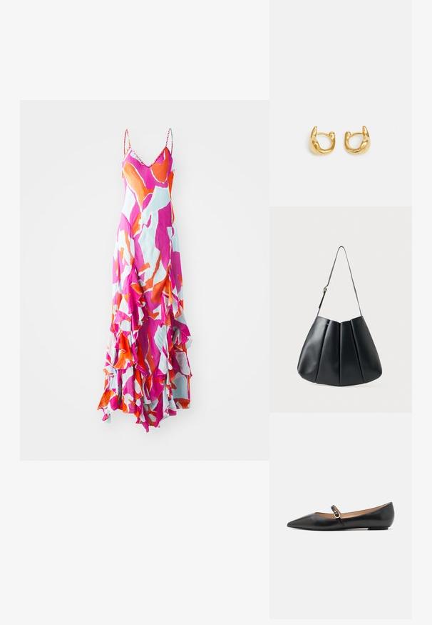 Maxi ruha spagetti pántokkal, élénk rózsaszín, narancs és kék absztrakt mintázattal, fodros szegéllyel, könnyű anyagból, lágyan folyó dizájnnal.; Fekete bőr balettlapok hegyes orral és oldalsó pánttal, amelyen egy kör alakú arany dísz található. Könnyű, lapos talpú.; Fekete bőr válltáska redőzött dizájnnal, sima textúrával, egyetlen pánttal és egy diszkrét arany hardver kiemeléssel.; Arany karika fülbevalók sima, lekerekített kialakítással, fényes felülettel. A fülbevalók kompakt, tömzsi formájúak, és zökkenőmentes kapoccsal rendelkeznek.