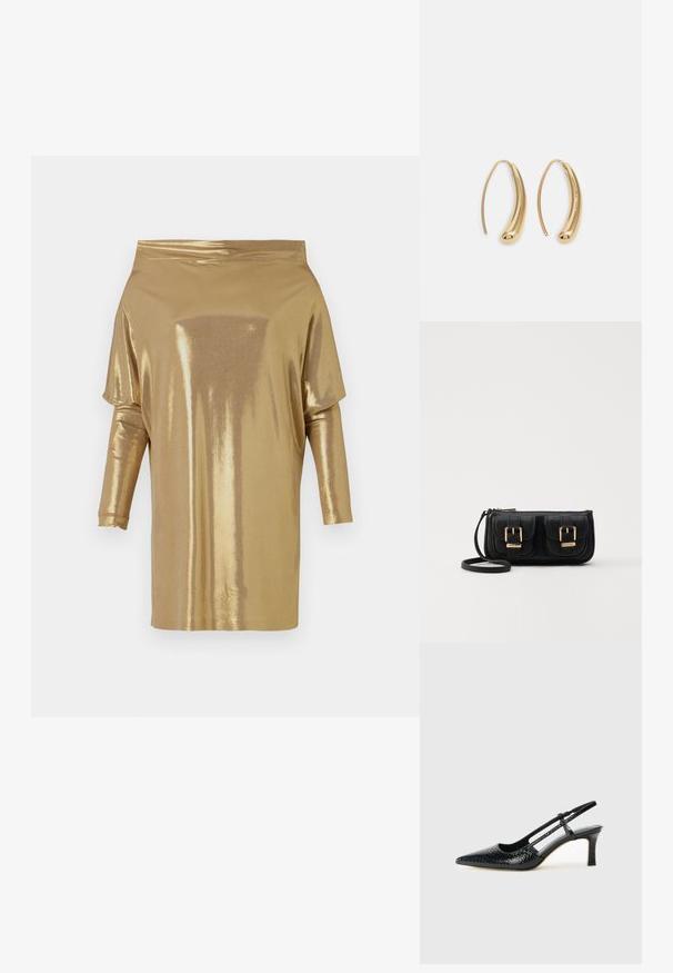 Zlatý top bez ramienok vyrobený z lesknej kovovej tkaniny. Má dlhé rukávy a voľný strih, bez viditeľných vzorov alebo kovových prvkov.; Čierne patentové slingback topánky na ihlovom podpätku s špicatou špičkou, s textúrovaným hadím vzorom, nastaviteľným popruhom a krátkym, textúrovaným blokovým podpätkom.; Čierna kožená crossbody taška s dvoma prednými vreckami, zlatými sponami, zipsovým uzatváraním a úzkym popruhom. Štruktúrovaný povrch a kompaktný obdĺžnikový tvar.; Náušnice vo forme zlatých kovových kruhov s zakriveným, predĺženým tvarom. Majú hladký, lesklý povrch a zaoblený koniec pre pridanie detailu.
