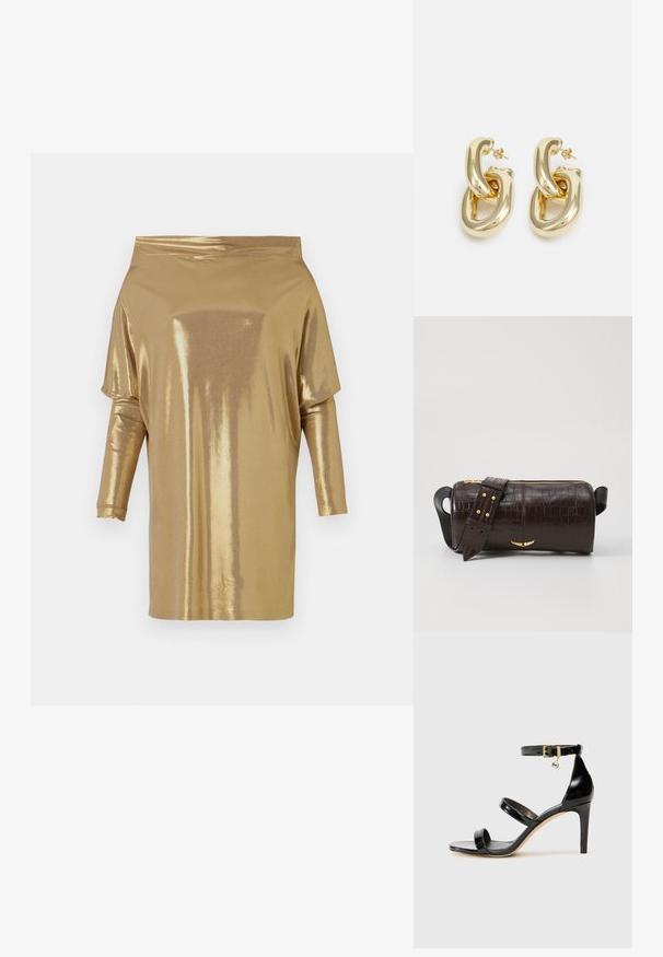 Auksinė, be petnešų palaidinė, pagaminta iš blizgaus metalinio audinio. Savinasi ilgas rankoves ir laisvą siluetą, be matomų raštų ar detalių.; Juodas patentuotas odinis sandalai su trimis diržais, kulkšnies sagtimi ir 4 colių stiletto kulnu. Yra aukso detalės ir logotipo žavesys.; Ruda krokodilo odspaudo odinė rankinė cilindro formos, su auksinėmis detalėmis ir nuimamu dirželiu, papuoštu studelėmis.; Rabanne XL LINK DOUBLE HOOP EARRINGS - Auskarai - gold-coloured