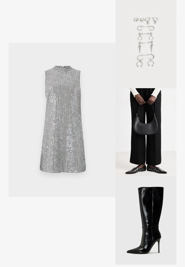 Ärmelloses Kleid im schwarz-weißen Gingham-Muster, mit hohem Kragen und glatter Textur, das knapp über dem Knie endet.; Schwarze Leder-Knielange Stiefel mit spitzem Schuh und hohem Stiletto-Absatz. Glatte Textur und elegantes Design, das sich durch minimale Details auszeichnet.; Schwarze Leder-Schultertasche mit runder Form, glänzender Oberfläche und silbernem Beschlag. Person trägt schwarze weit geschnittene Hosen und Nieten-Loafers.; Set von silbernen Ohrringen mit verschiedenen Designs: Creolen, Stecker und hängende Stile, mit Kugelakzenten und spitzen Elementen.