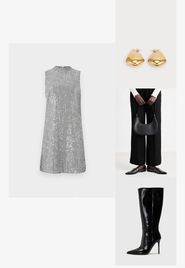 Bez piedurknēm, melnbalts rūtainais kleitas modelis ar augstu kakla izgriezumu un gludu tekstūru, kas krīt tieši virs ceļa.; Melnas ādas zābaki līdz ceļiem ar smailu purngali un augstu stiletto papēdi. Gluda tekstūra un elegants dizains, ar minimālu dekoru.; Melnas ādas plecu soma ar apaļu formu, spīdīgu apdari un sudraba komponentēm. Persona valkā melnus platā piegriezuma bikses un vadlīniju mokasīnus ar kniedēm.; Zelta krāsas metāla auss gredzeni ar gludu, apaļu trīsstūra formu un āķa aizmuguri; atstarojoša virsma ar minimālu apdari.