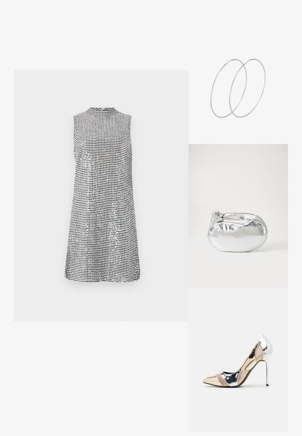 Beigė be rankovių su juodai balta gingham raštu, turinti aukštą apykaklę ir lygią tekstūrą, krentanti šiek tiek virš kelių.; Aštrus pirštas aukštakulnis batelis su sidabro, aukso ir nuogų spalvų deriniu. Blizgus paviršius su išpjovos dizainu, su stiletto kulnu.; Sidabrinė metalinė maišelio forma su švelnia, apvalia forma ir mazgu užveriamu viršumi. Pagaminta iš lygios dirbtinės odos medžiagos.; Sidabrinės pusmėnulio auskarai minimalistiniu dizainu. Apskritimo forma, lygus paviršius ir plonas profilis. Lengvi su poliruotu apdailu.