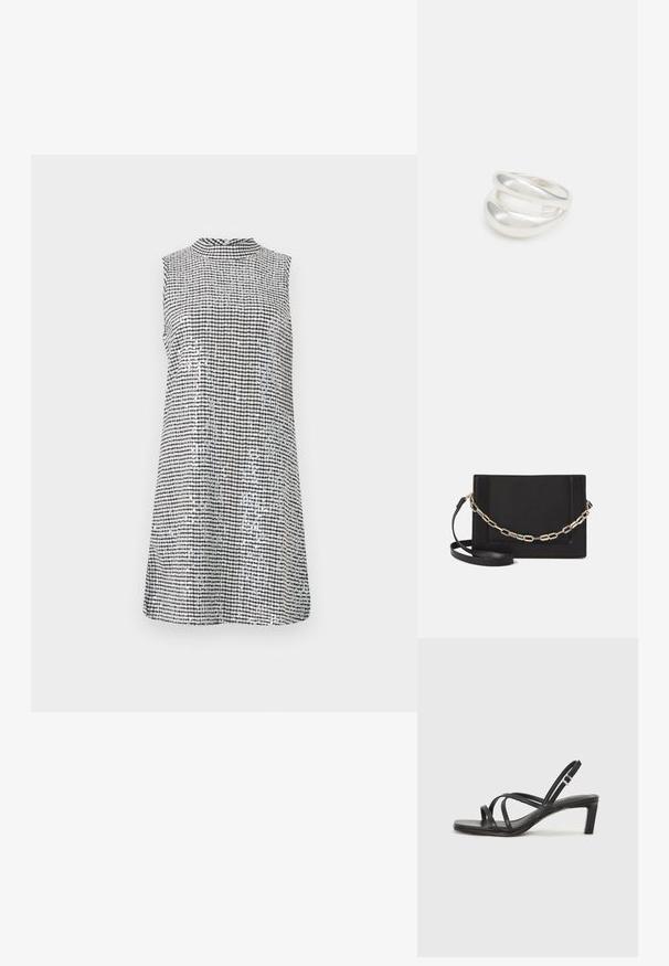 Haljina bez rukava u crno-bijelom kariranom uzorku, s visokim ovratnikom i glatkom teksturom, koja pada tik iznad koljena.; Crne sandale s trakama, kvadratnim prstom i niskom blok petom. Ima više tankih trakica i podesivu trakicu oko gležnja. Izrađene su od glatke kože.; Crna kožna torba preko tijela s glatkom teksturom, pravokutnim oblikom i metalnim lancem na prednjoj strani. Uključena je podesiva naramenica.; Srebrna dvostruka prsten s glatkom, poliranom površinom. Karakterizira ga fluidan, zakrivljen dizajn s preklapajućim sekcijama za moderan izgled.