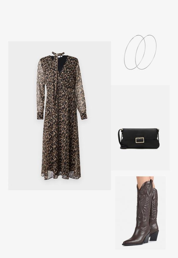 Černé a béžové šaty s vzorem, dlouhými průsvitnými rukávy, výstřihem do V, zavázaným límcem, zavinovacím designem a splývavou sukní.; Hnědé kožené kovbojské boty s špičatou špičkou a blokovým podpatkem, se zdobným prošíváním a vyvýšenými akcenty na nárazu.; Černá kožená psaníčko s klopou a zlatým kovovým detailním sponou. Součástí je černý popruh a elegantní, minimalistický design.; Stříbrné kruhové náušnice s minimalistickým designem. Kruh, hladký povrch a tenký profil. Lehká konstrukce s lesklým povrchem.