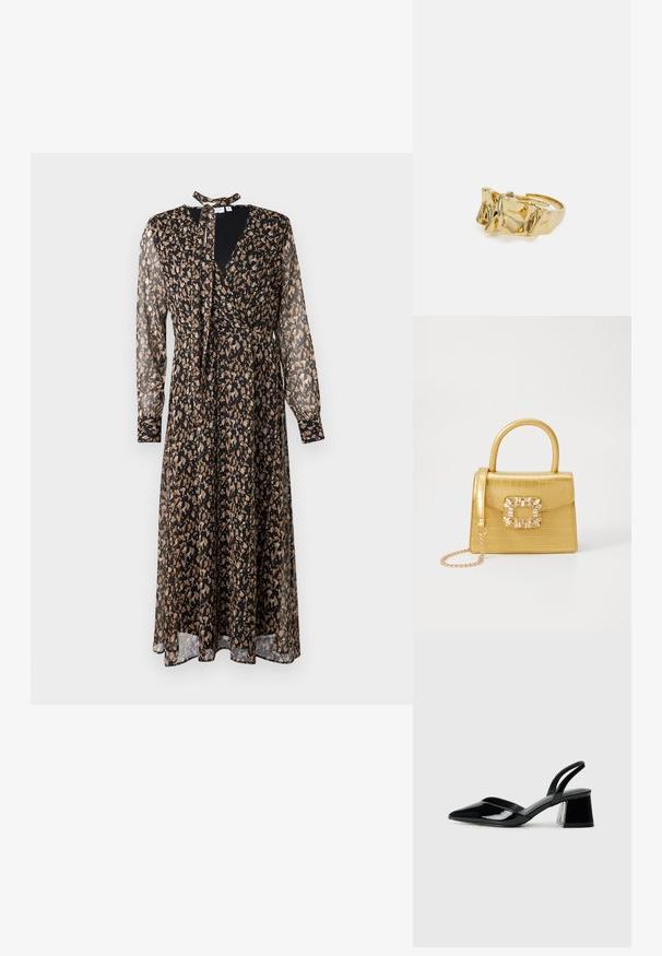 Crna i bež haljina s uzorkom, dugim prozirnim rukavima, V-izrezom, vezanom kragnom, dizajnom s preklopom i lepršavom suknjom.; Crne lakirane kožne sandale s otvorenom petom i špicastim vrhom, s geometrijskom blok petom. Imaju elegantan, minimalistički dizajn i glatku teksturu.; Žuta torbica od umjetnog krokodila sa strukturiranim dizajnom, gornjom ručkom, odvojivim lančićem i dekorativnim kristalnim ukrasom na kopči.; Zlatni prsten s teksturiranim, valovitim dizajnom koji ima tri istaknuta vrha. Glatka, sjajna površina s otvorenom trakom za podešavanje veličine.