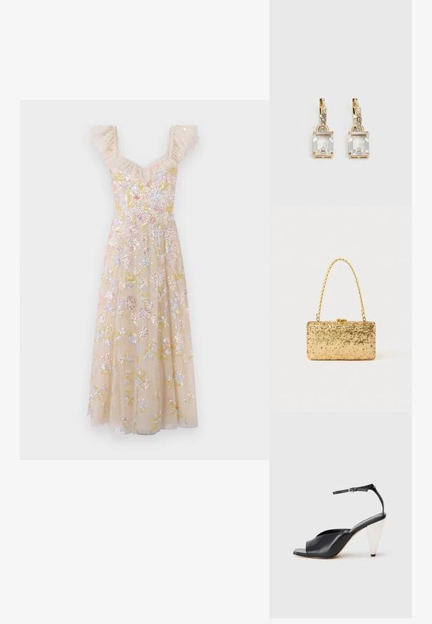 Robe beige à broderies florales avec bretelles volantées, présentant un corsage ajusté et une jupe fluide, ornée de paillettes colorées et d'accents.; Sandale à talon haut en cuir noir avec bout ouvert, design asymétrique, bride de cheville et talon en forme de cône métallique. Texture lisse sur toute la surface.; Pochette en sequins dorés de forme rectangulaire, dotée d'une poignée en chaîne torsadée et d'une fermeture à fermoir en métal, réfléchissant la lumière avec une finition texturée.; Boucles d'oreilles en or lumineux avec un cristal rectangulaire transparent pendent sous une rangée de petits accents ronds transparents. Design élégant et moderne.