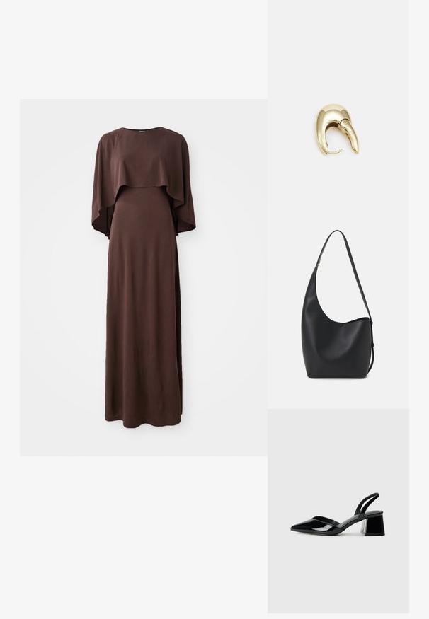Brun maxi-kjole med båthals og brede kappe ærmer. Laget av mykt stoff med en jevn tekstur, med en tettsittende silhuett.; Svarte patentlær slingback hæler med spiss tå og geometrisk blokk hæl. Har et stilrent, minimalistisk design og jevn tekstur.; Svart lær hobo-veske med glatt tekstur, buet form og enkelt justerbart stropp; har en bred åpning på toppen.; Gullfarget metalløredobber med et elegant, buet design. Har en karakteristisk spiss form, polert overflate og hengsel-lukking.