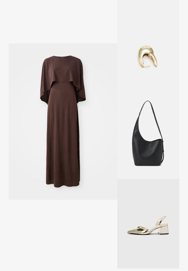 Brun maxi-kjole med båthals og brede kappe ærmer. Laget av mykt stoff med en jevn tekstur, med en tettsittende silhuett.; Gull, metallisk slingback-hæler med spiss tå og chunky hæl. Glatt tekstur, minimalistisk design og en smal stropp.; Svart lær hobo-veske med glatt tekstur, buet form og enkelt justerbart stropp; har en bred åpning på toppen.; Gullfarget metalløredobber med et elegant, buet design. Har en karakteristisk spiss form, polert overflate og hengsel-lukking.