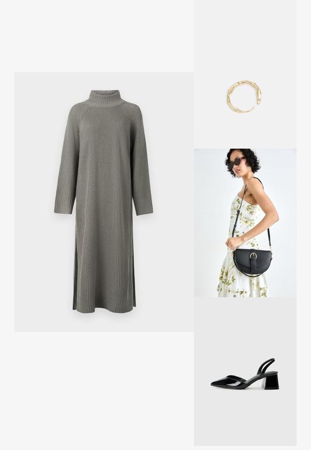 Hallasu grey kleit kõrge kaelusega, pikkade varrukatega, ribakudumiga mansettide ja külgsiibritega liikumise mugavuseks. Tekstuuriga kangas lisab sügavust.; Mustad musta lakknahk kingad, millel on terav varvas ja geomeetriline plokkkonts. Omab elegantselt minimalistlikku disaini ja sujuvat tekstuuri.; Mustmust mustraha kõverate joontega, eemaldatava rihmaga ja kuldsete detailidega. Kotil on klapp, millel on pandladetail.; Kuldtoonis sõrmus, millel on orgaaniline, keerdunud disain sileda tekstuuri ja kitsenevate otstega, luues kaasaegse skulptuurilise välimuse.