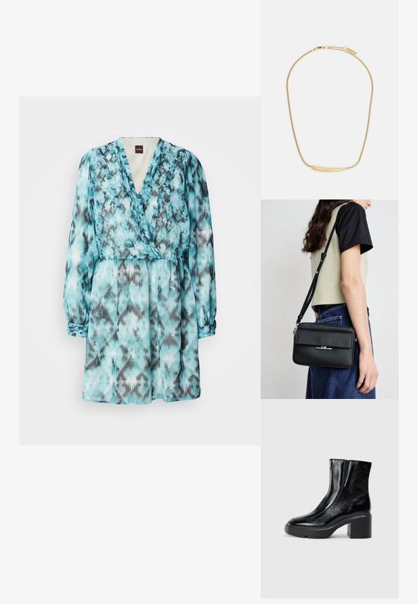 Apģērbs ar apvalku tirkīza un pelēkos toņos, ar garajām piedurknēm, v-veida izgriezumu un elastīgu jostasvietu. Izgatavots no viegla, teksturēta materiāla.; Melnas lakotas ādas potītes zābaki ar izliekto purngalu, elastīgām sānu paneļiem un masīvu blokveida papēdi. Aizmugurē ir izsistā logo.; Calvin Klein LINEAR CAMERA BAG - Plecu soma - black; Zelta apšuvuma kaklarota ar gludu, izliekta centrālo akcentu. Iekļauj elastīgu ķēdi ar homaru slēdzeni un papildu regulējamām ķēdes saitēm.