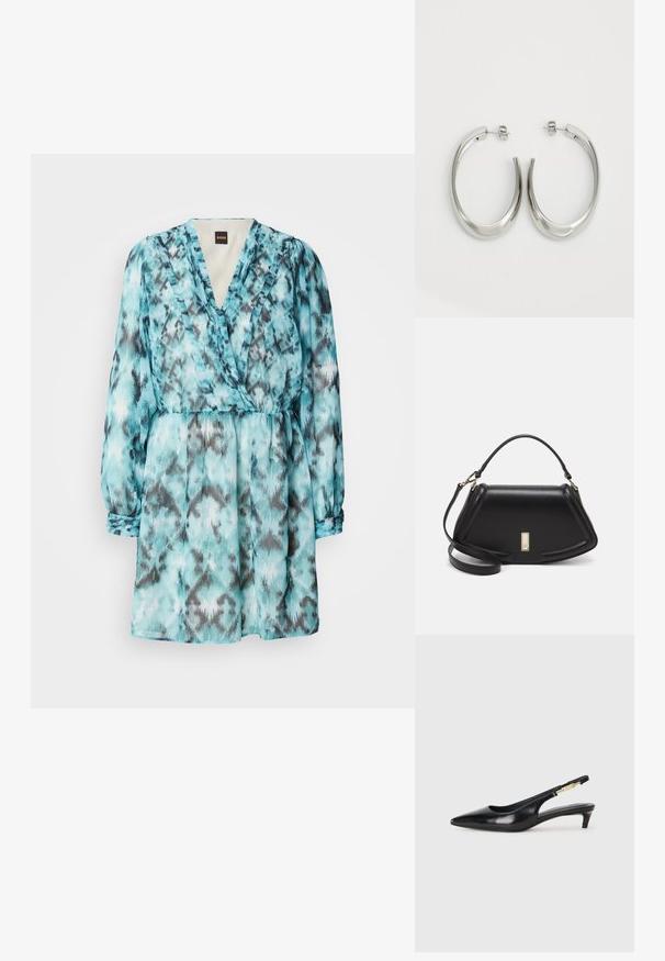 Wrap dress in shades of turquoise and gray with long sleeves, a v-neckline, and an elastic waist. Made of lightweight, textured material.; Black leather slingback heels with a pointed toe, featuring a slim heel and a gold-tone accent on the adjustable strap. Smooth texture.; Black leather handbag with a structured design, featuring a cropped shape, top handle, and gold hardware accent. Adjustable shoulder strap included.; Silver hoop earrings with a smooth, curved design. Features a shiny metallic finish and stud closure. No visible patterns or accents.