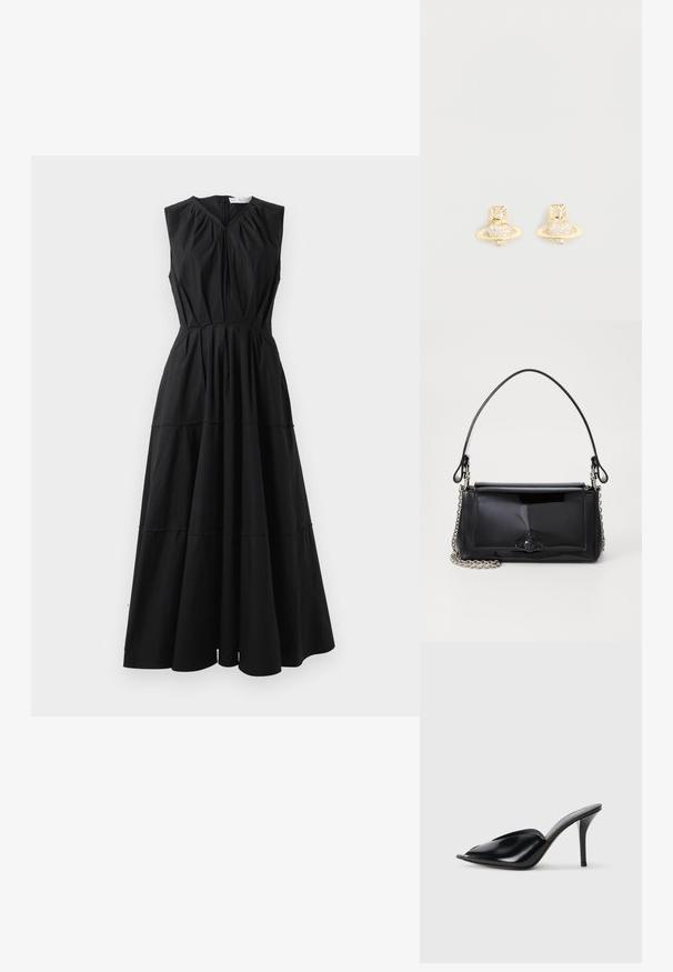 Crna haljina bez rukava s V izrezom, naboranim gornjim dijelom i suknjom od slojeva. Izrađena od glatke tkanine s suptilnim sjajem. Zatvaranje na zatvarač straga.; Crne kožne visoke mule s otvorenim prstima, šiljastim dizajnom, glatkom teksturom i uskim štiklama.; Crna patentna kožna torba pravokutnog oblika, s lancem za nošenje i karakterističnim metalnim detaljem u središtu. Glatka tekstura.; Naušnice od zlata s čepom koje prikazuju dizajn Saturna, s teksturiranom trakom i ugrađenim okruglim kristalima za dodatni sjaj.