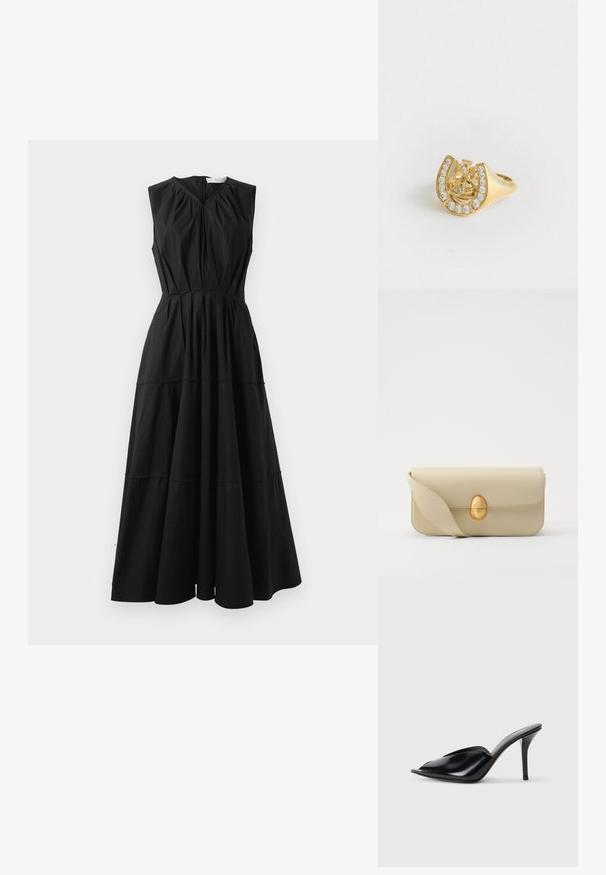 Musta hihaton mekko, jossa on V-pääntie, volyyminen vartalo-osa ja kerroksellinen hameen muotoilu. Valmistettu sileästä kankaasta, jossa on hienovarainen kiilto. Takana vetoketjukiinnitys.; Musta nahkainen korkeakorkoinen mules-malli, avoimella varpaalla, terävä muotoilu, sileä pinta ja kapea stilettokorko.; Beige nahka käsilaukku, jossa on sileä pinta, suorakulmainen muoto ja kultainen soikea solki. Varustettu pitkällä, säädettävällä hihnalla.; Kultainen sormus, jossa on kruunusuunnittelu hevosenkenkämuodossa, koristeltuna pienillä kirkkailla jalokivillä, valkoisella taustalla.