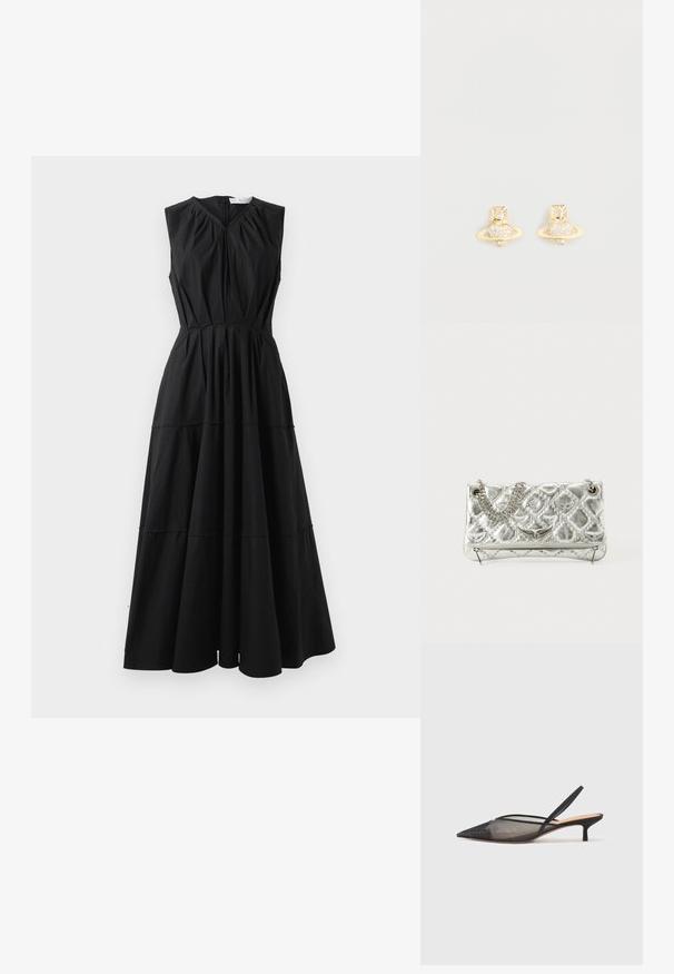 Musta hihaton mekko, jossa on V-pääntie, volyyminen vartalo-osa ja kerroksellinen hameen muotoilu. Valmistettu sileästä kankaasta, jossa on hienovarainen kiilto. Takana vetoketjukiinnitys.; NEOUS IRENA - Avokkaat - black; Hope penkki, jossa on metallinhohtoinen pinta, ketjuhandle, tikattu tekstuuri, koristeelliset ompeleet ja vetoketjukiinnitys. Edessä on kohokuvioituja koristeita.; Kultaiset nappikorvakorut, joissa on Saturnuksen muotoilu, teksturoitu rengas ja upotetut pyöreät kristallikivet tuomaan lisää kimallusta.