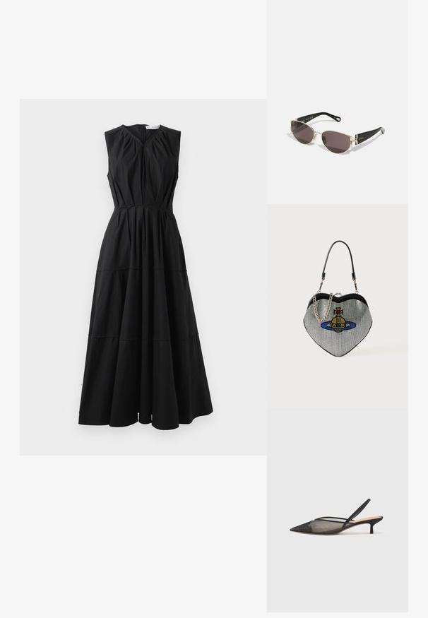 Černé bezramínkové šaty s výstřihem do V, nařaseným živůtkem a designem s vrstvenou sukní. Vyrobené z hladké tkaniny s jemným leskem. Zapínání na zip na zadní straně.; NEOUS IRENA - Klasické lodičky - black; Černé a zlaté sluneční brýle s úzkým oválným rámem, tmavými skly a ozdobnými detaily na spáncích. Lehkou a elegantní konstrukce.; Kabelka ve tvaru srdce vyrobená z mřížkového materiálu s metalickým povrchem, která obsahuje design kočky a planety v modré, žluté a červené barvě. Zahrnuje řetízek na nošení.
