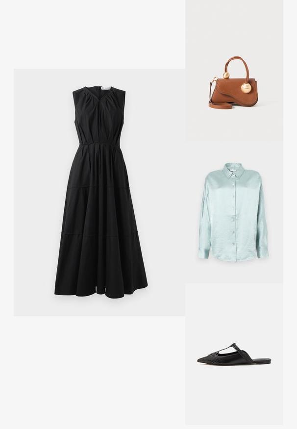 Musta hihaton mekko, jossa on V-pääntie, volyyminen vartalo-osa ja kerroksellinen hameen muotoilu. Valmistettu sileästä kankaasta, jossa on hienovarainen kiilto. Takana vetoketjukiinnitys.; Vaaleansininen napitettava paita, joka on valmistettu kiiltävästä, pehmeästä kankaasta; siinä on kaulus, pitkät hihat ja pyöristetty helma, ja se on rento istuvuus.; Musta nahkasandaali, jossa on terävä kärki, somistettuna kudotulla yksityiskohdalla ja pleatatuilla yläosilla. Litteä pohja, jossa on vähäisiä tarvikkeita.; Ruskean nahkalaukku, jossa on aaltoileva muotoilu, kahdella pyöreällä kullansävyisellä yksityiskohdalla ja irrotettavalla olkahihnalla monipuolista kantamista varten.