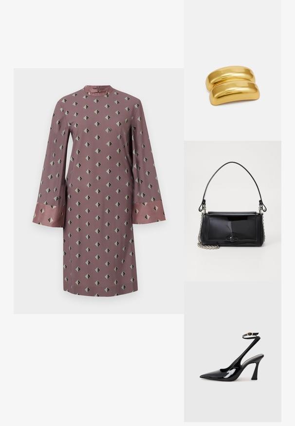 Robe à manches longues en tissu rose poussiéreux avec un motif géométrique en diamants gris foncé et noir, dotée de poignets en satin contrastants.; Escarpins noirs en cuir verni avec un bout pointu, sangle ajustable à la cheville et un talon bloc modéré. Texture lisse avec finition brillante.; Sac à main en cuir verni noir de forme rectangulaire, avec une chaîne en bandoulière et un accent matériel distinctif au centre. Texture lisse.; Barrette en métal de couleur dorée avec un design lisse et arrondi. La surface est réfléchissante, présentant une forme courbée jointe sans embellissements supplémentaires.