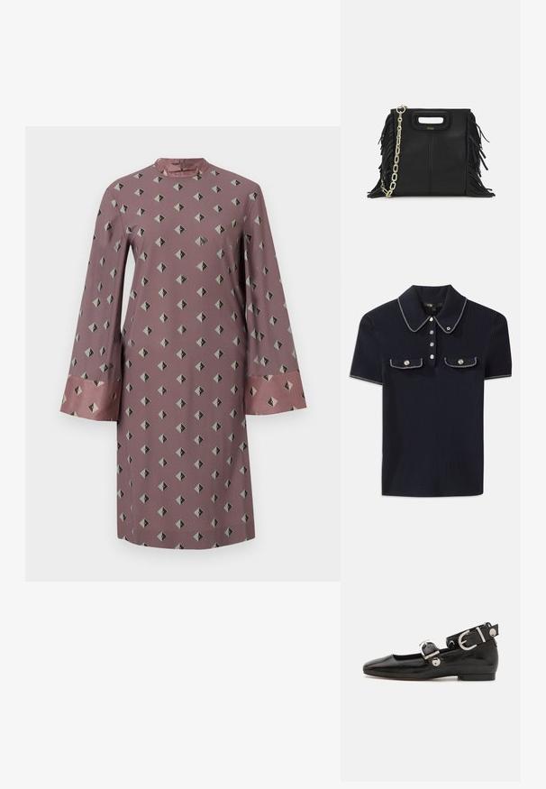 Langermet kjole i støvete rosa stoff med et geometrisk diamantmønster i mørkegrått og svart, med kontrastfargede satinknapper.; Marineblå ribbestrikket polo skjorte med spiss krage, korte ermer og to frontlommer med trykknapper; fremhevet med hvite søm detaljer.; Sorte lakkderflat sko med firkantet tå, ankelstropp med sølvfarge detaljer, og flat såle. Glatt tekstur med minimalistisk design.; Svart læderhåndtaske med frynsedetaljer, guldkæde skulderrem og udskåret håndtag. Har logo placeret på forsiden.