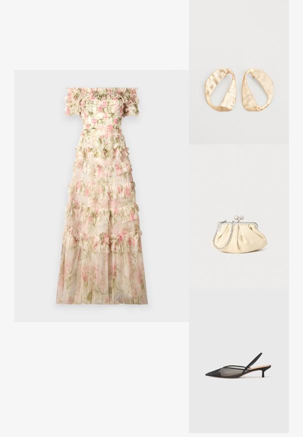 Needle & Thread ROSE LISETTE różowy; NEOUS IRENA czarny; Złożona beżowa skórzana kopertówka z srebrną metalową ramą, z dwoma okrągłymi dekoracyjnymi zapięciami i srebrnym łańcuszkiem.; Para nieregularnych, owalnych kolczyków ze złotego metalu o teksturowanej, lekko młotkowanej powierzchni na białym tle.