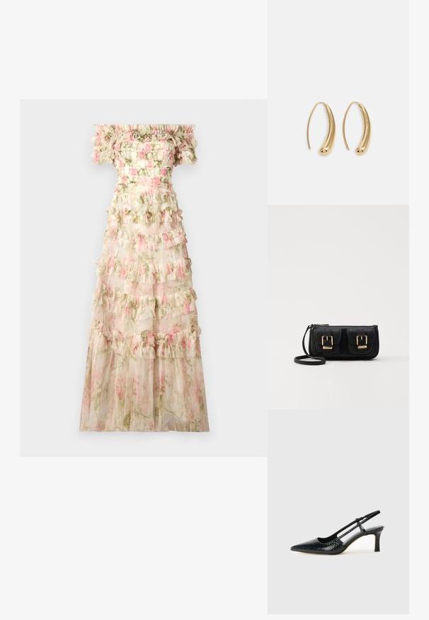 Needle & Thread ROSE LISETTE OFF SHOULDER GOWN - Oblačila za posebne priložnosti - moonshine/pink; Črne lakaste slingback pete s koničastim nosom, ki imajo teksturiran vzorec kačje kože, nastavljiv trak in kratek teksturiran blok peto.; Črna usnjena torbica čez ramo z dvema sprednjima žepoma, zlatimi zaponkami, zadrgo in ozkim pasom. Tekstura površine je strukturirana, obliko pa ima kompaktno pravokotno.; Zlato-tonirani kovinski uhani v obliki obroča s krivuljo in podolgovato obliko. Imajo gladko, sijočo površino in zaobljen vrh za dodaten detajl.